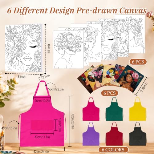Cholemy 6 Set Paint and Sip Kit for Adults 8"x 10" Pre Drawn Canvas Painting with Wooden Easel Acrylic Paint Wash Cup Brushes Palette Apron for Painting DIY Adult's Date Party Supplies(Flower Lady) - Image 3
