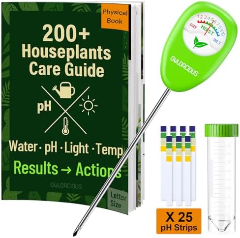 Indoor Plant Care Kit - Soil Moisture Meter, 200+ Houseplant Watering Guidebook & pH Test Strips (25 Counts) - Plant Mom Gifts, Starter Tool Set for Monstera, Succulent & Fiddle Leaf Fig by OWLDACIOUS