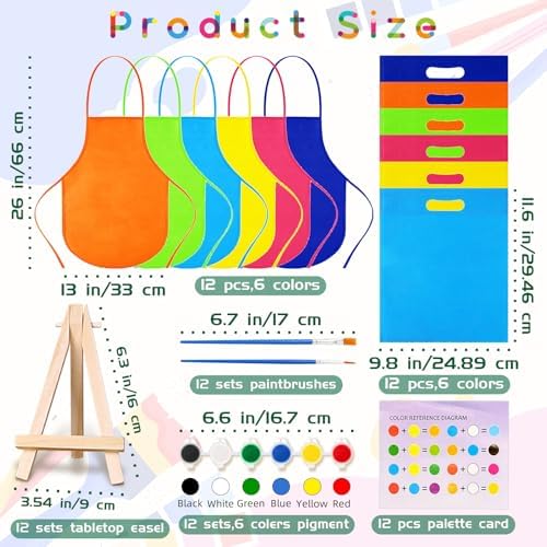 48PCS 12 Sets Printed Canvas Paint Art 12 Pcs Wooden Easel Set Paint Pots and Brushes and 12 Pre Drawn Canvas Panel 12 Pcs Mini Apron and Tote Bag for Kids(Dainty) - Image 3