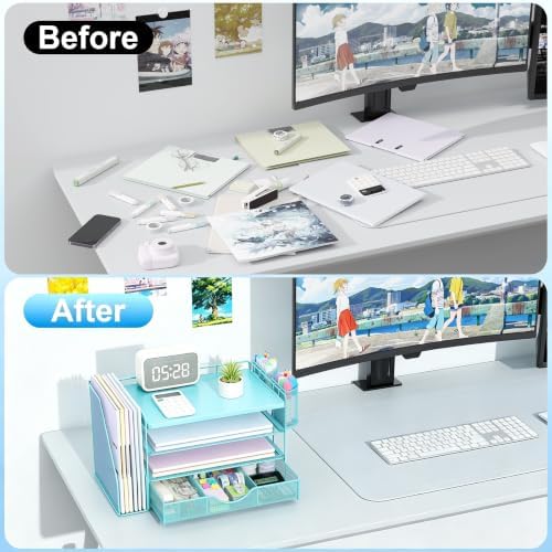gianotter Wood Desk Organizers and Accessories with File Holder, 4-Tier Desk Accessories & Workspace Organizers with Drawer and 2 Pen Holder, Desk Reference Organizer (Blue, 4T with Metal Drawer) - Image 2