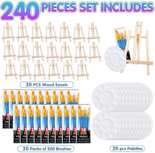 240 PCS Professional Painting Set with 20 Wood Easels, 20 Packs 200 Brushes - Image 2