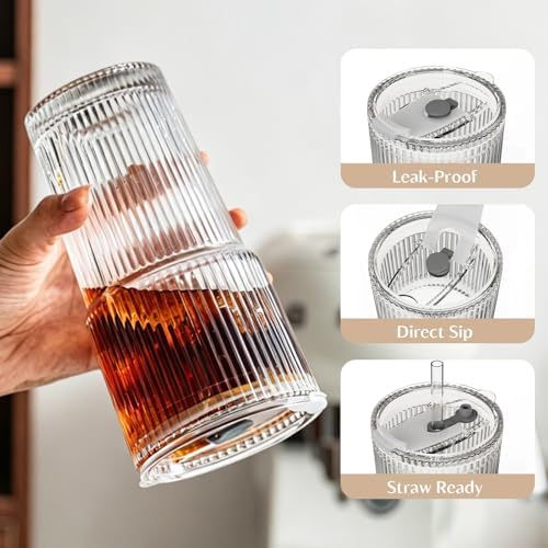 INSETLAN 8-Piece Glassware Set – 20 oz Ribbed Glass Tumblers with Lids and Glass Straws, Heavy-Duty Tumblers, Ideal for Iced Coffee, Smoothies, Cocktails, and Juices – Elegant and Durable Drinkware - Image 4