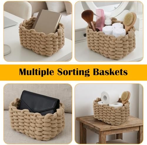 Small Woven Decorative Baskets, 4pcs Mini Cotton Rope Basket Set for Storage, Woven Square Baskets for Organizing, 7.68x6.1x5.51in, White/Light Gray/Light Brown/Black - Image 5