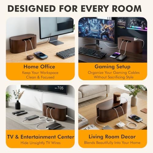 Wooden Cable Management Box with Lid, Decorative Cord Organizer for Power Strip & Charger Cables, Ventilation Holes & Side Slots, Solid Pine Wire Hider for Desk, Home Office, Dorm & Minimalist Setup - Image 6