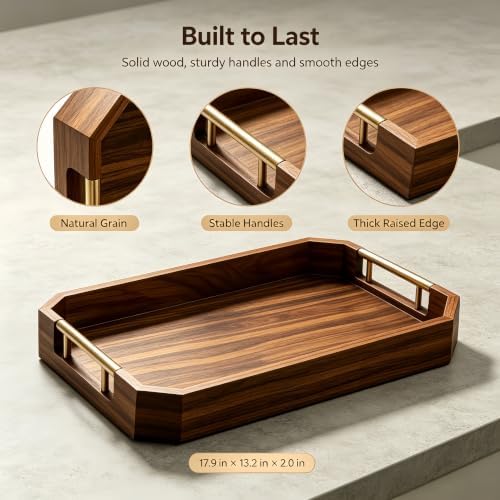 Wooden Serving Tray with Metal Handles, Acacia Wood Rectangular Decorative Tray, Coffee Table Tray for Breakfast, Drinks, Snack, Ottoman, Home Decor - Image 6