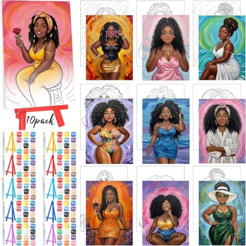 Blosssound 10 Set Pre Printed Canvas Pre Drawn Canvas Painting with Easel Kits 5" x 7" Outline Painting Panels for Beginners, DIY Craft Project, Party Favor, Home Decors(Curvy Goddesses) by Blosssound