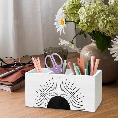 DILSJ Boho Abstract Sunshine Pen Pencil Holder Organizer for Desk, Boho Office Decor, Black and White Mid Century Modern Minimalist Sunshine Wooden Box Signs for Home Office Desk Tabletop Decoration - Image 4