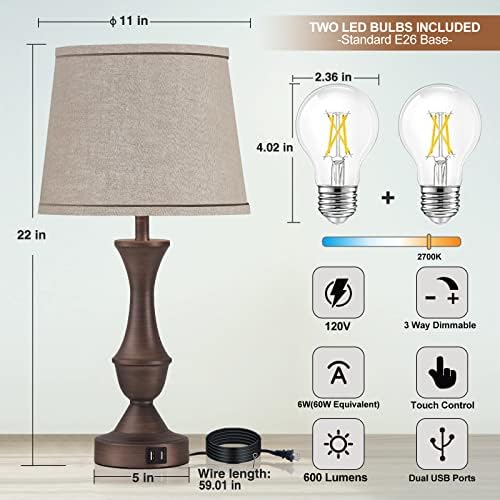 Luvkczc Touch Table Lamps Set of 2, 22" Tall Bedside Lamps with USB C+A Ports, Dimmable Table Lamp, Nightstand Lamps for Bedroom, Living Room, Office, Brown Lamps with Beige Lampshade, Bulbs Included - Image 3