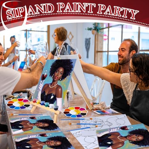 Motipuns 6 Set Pre Drawn Canvas for Painting for Adults Sip and Paint Kit with Easels 8 x 10 Inches Paint Party Kit with Printed Canvas Paints Brushes Palette Apron(Woman and Wine) - Image 5