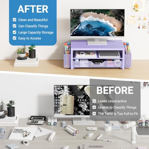 OPNICE Desk Organizers and Accessories, Computer Monitor Stand Riser with Drawer and 2 Pen Holders, Printer & Laptop Stand, Office Desk Accessories & Workspace Organizers for Home Office Supplies, Metal Purple - Image 2