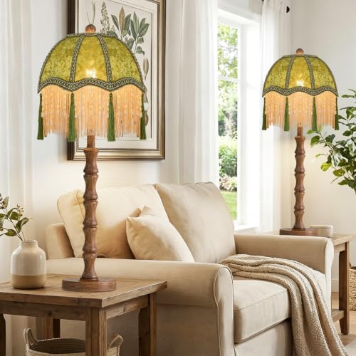 ILLMTW Vintage Table Lamp for Bedroom Living Room,Fringe Bedside Lamps Dimmable Boho Bedroom Lamp with Flower Green Lamp Shade,Mid Century Retro Tassel Unique Wood Small Nightstand Lamp Tiffany Decor - Image 6