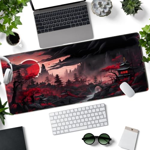 Riverside Full Moon Desk Pad Black Red Desk Mat Japanese Anime Extended XXL Keyboard Pad for Desk Gaming Computer Laptop Office Mouse Pad with Stitched Edges Non-Slip Large Computer Mat 31.5x11.8 in - Image 2
