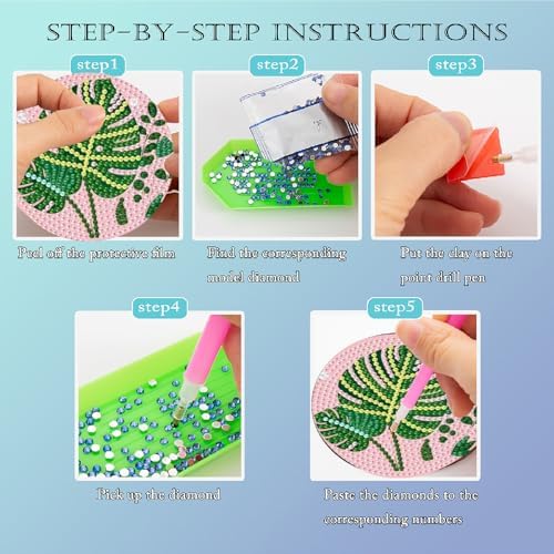 Clendo 8 Pcs Green Plants Diamond Painting Coasters Kits with Holder, 5D Diamond Art Painting Coasters Set for Adults, Small Mini Diamond Dots Kit for Beginners DIY Art Craft Home Decor - Image 4