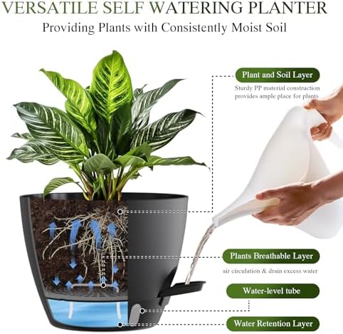 Self Watering Pots with Drainage Holes, 3 Pack 12/10/8 Inch Plant Pots with Water Level Indicator Deep Reservoir, Large Plastic Planter for Indoor Outdoor Plants - Black - Image 3