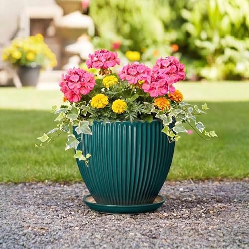 10 Inch Flower Pot, Round Ceramic Planters for Indoor Plants, Decorative Plant Pots with Drainage Hole and Saucer, Modern Large Planter, Office Decor, House Warming Gifts, Blackish Green - Image 5