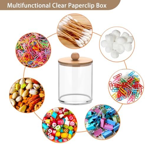 BTSKY 4 Pack PaperClip Holders with Bamboo Lid, Round Binder Holder for Desk, Clear Paper Clip Dispenser Small Office Supply Accessory Organizer Qtip Holder for Office Bathroom Vanity, Clear - Image 5
