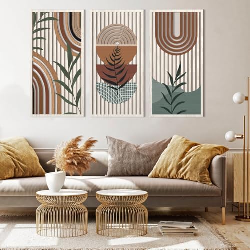 IARTTOP Large Boho Wood Wall Art 16x32 Inch Mid Century Modern Bohemian Wooden Wall Decor Brown Minimalist Geometric Plant Decor for Bedroom Living Room Dining Room Set of 3 - Image 2