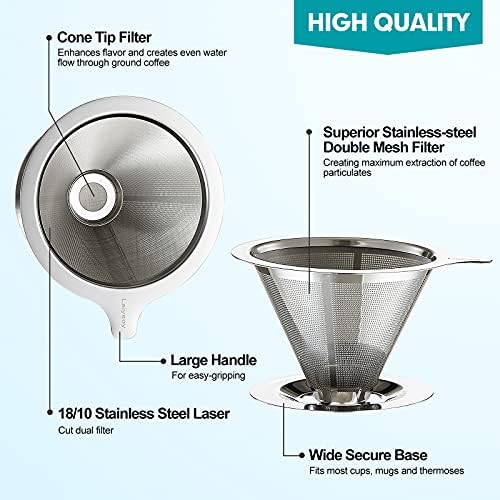 Laiyeoy Pour Over Coffee Dripper, Slow Drip Paperless Coffee Filter, Stainless Steel Pour Over Coffee Maker for Single Cup Brew, Double Mesh Design of Manual Reusable Cone Filter. - Image 3
