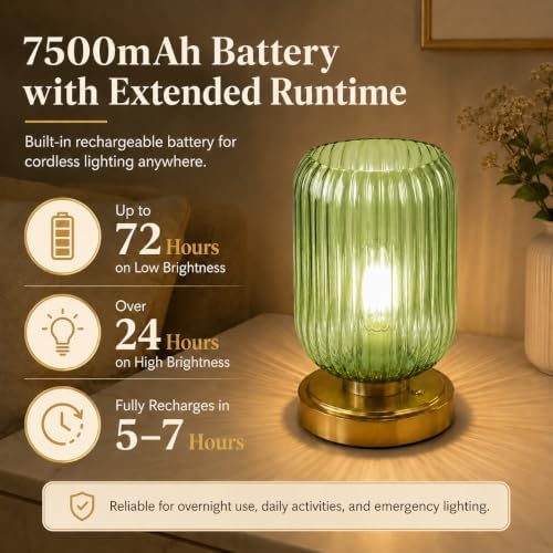 Cordless Glass Table Lamp, 3 Color Modes & Stepless Dimming, Green - Image 2