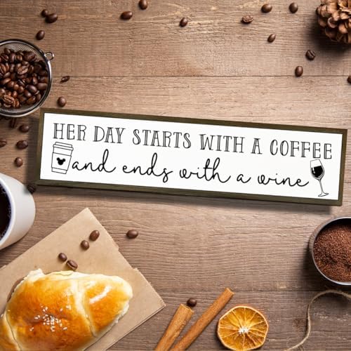 Coffee Wood Signs, Farmhouse Home Kitchen Decor, Rustic Coffees Bar Decors, Wall Decor Art, Her Day Starts with A Coffee & Ends with A Wine Sign, 17.8x4x1.2 inches - Image 4