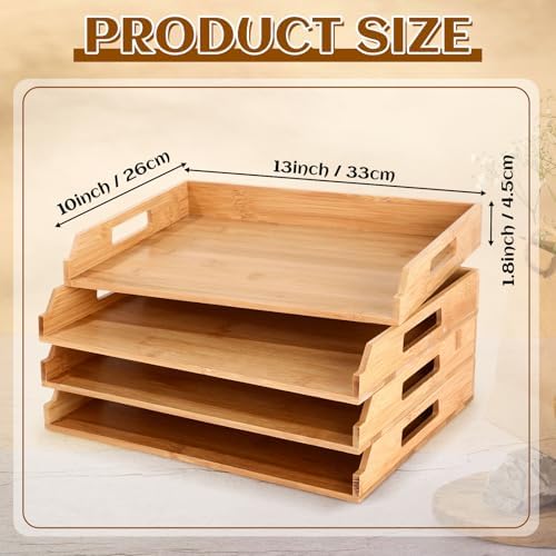 AceOrbit 4 Pcs Stackable Paper Tray Bamboo Wood Desk Organizer Letter Tray - Image 2