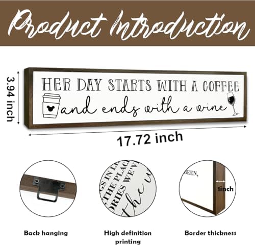 Coffee Wood Signs, Farmhouse Home Kitchen Decor, Rustic Coffees Bar Decors, Wall Decor Art, Her Day Starts with A Coffee & Ends with A Wine Sign, 17.8x4x1.2 inches - Image 2