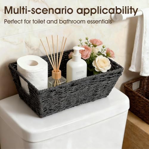 Paper Rope Storage Baskets for Shelves Organizing, Small Hand Woven Wicker Organizer Basket with Handle for Bathroom Toilet Paper Storage, Black, 3-Pack - Image 2
