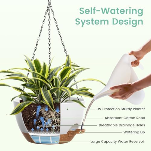 UOUZ Set of 3-10 Inch Self Watering Hanging Planters for Indoor Outdoor，Hanging Plant Pots with Drainage & Removable Tray, Hanging Pots Holder for Pothos Plant, Ferns, Balcony & Patio,White with Brown - Image 4