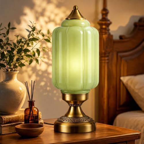 Vintage Brass Table Lamp with Green Milk Glass Shade by LEDIKON