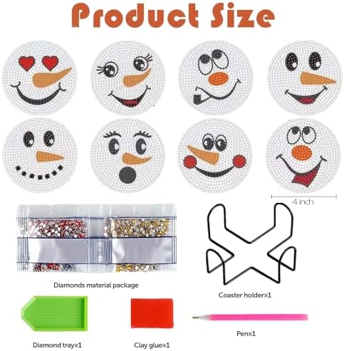 8 Pcs Christmas Snowman Face Diamond Coasters Kits Christmas Snowman Face DIY Coasters with Holder Holiday Xmas Holiday Diamond Coasters for Beginner Adult Winter - Image 2