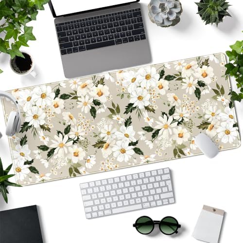 Daisy Floral Daisies Large Mouse Pad Watercolor Flowers Desk Mat, Washable Mousepad LYC Cloth Stitched Edges Women Girls Gaming Mousepad Computer Pc Laptop Desk Mat 31.5 X 11.8 in - Image 2