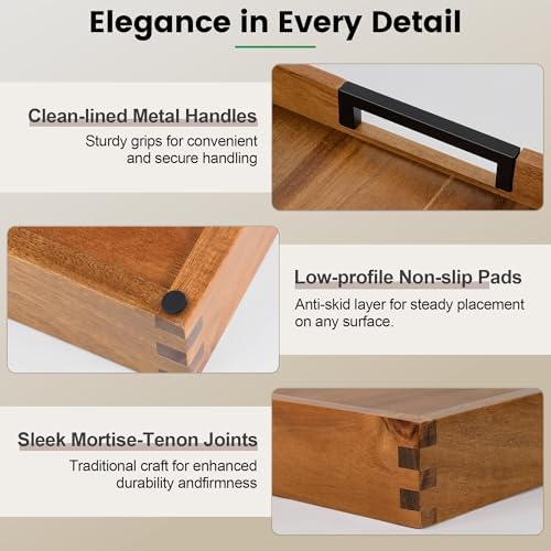 Large Ottoman Tray for Living Room and Coffee Table, Decorative Acacia Wood Serving Tray with Metal Handles for Breakfast in Bed, Dinner Food Kitchen TV (Natural, 17" x 17" x 2") - Image 4
