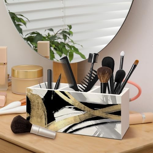 Black White and Gold Pen Pencil Holder for Boho Modern Desk Decor, Abstract Black and Gold Mid Century Modern Wooden Box Decorative Sign for Home Office Desk Tabletop Decor - Image 4
