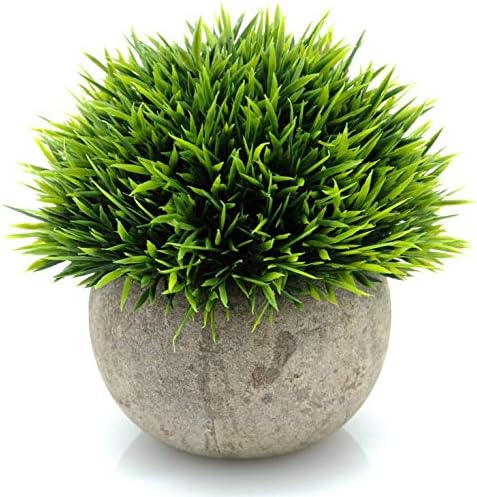 Velener Mini Plastic Fake Green Grass Plant with Pot, Topiary Ball, Small Fake Plant, Round Paper-Mache Pot for Indoor Office, Kitchen, Bathroom and Living Room Decor by Velener
