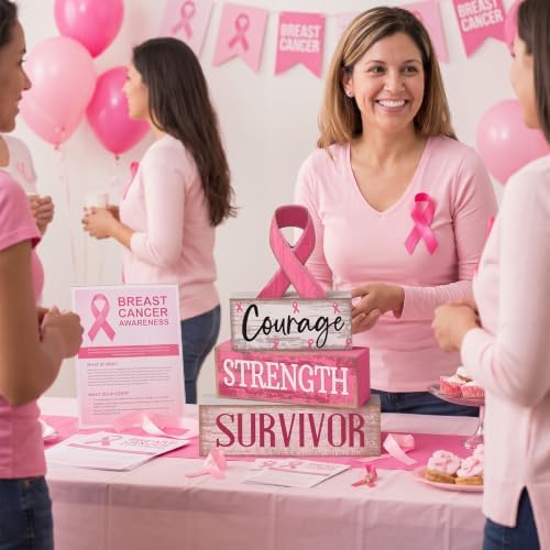 Moucuny 4 Pcs Breast Cancer Awareness Table Decoration Wooden Pink Ribbon - Image 4