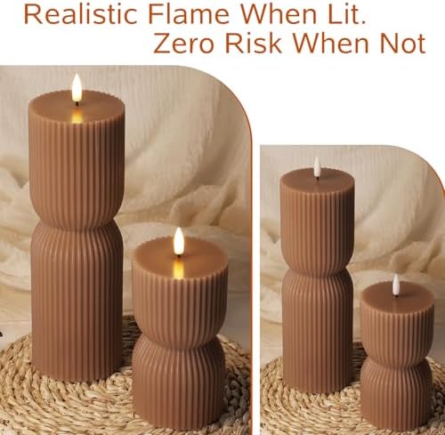 Brown Ribbed Fall Flameless Pillar Candles with Remote Set of 2 - Image 5