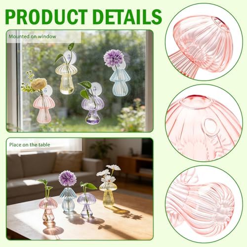 Bunmery Window Propagation Stations, 4 pcs Colored Mushroom Plant Propagation Station with Suction Cups, Easy to Install Window Hanging Planer, Indoor No Nails Glass Vase Terrarium for Plants&Flowers - Image 3
