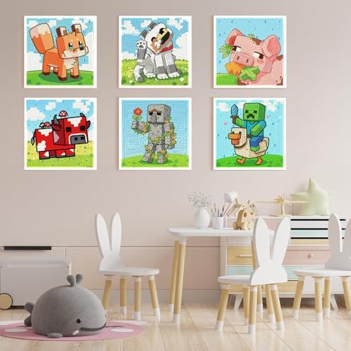 CraftyTime 6 Pack 5D Diamond Painting Kits for Kids Beginners,Cute Game-Themed DIY Diamond Art Kit for Kids,Full Round Drill Big Gem Art for Kid,Home Wall Decoration 6X6 inch - Image 4