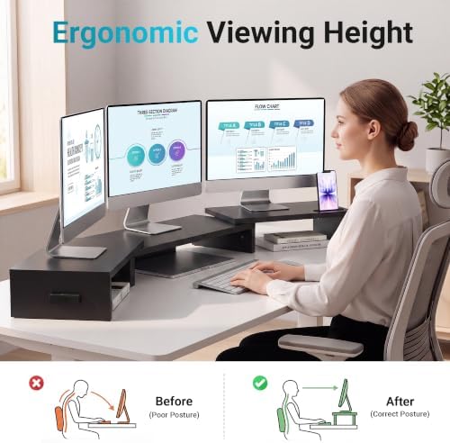 BONTEC Triple Monitor Stand Riser with Smartphone Holder, Black - Image 2