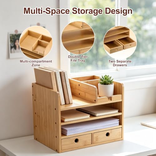 Bamboo Desk Organizer with Drawers, Makeup Storage for Home Office - Image 3
