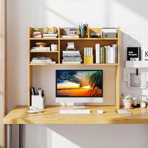 GIANTEX Desktop Bookshelf, 37" Desk Hutch Dorm for Computer Up to 32 Inch, Countertop Hutch w/6 Storage Shelves, 3-Tier Desktop Organizer Display Rack, Wood Desk Shelf for Home Office (Burlywood) - Image 2