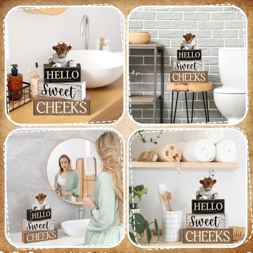 Moucuny 4 Pcs Highland Cow Bathroom Decor Wooden Signs, Farmhouse - Image 6