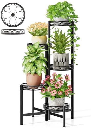 Plant Stand Indoor Outdoor, 5 Tier Corner Metal Flower Display Holder Stand, Folding Tall Plant Rack for Patio Balcony Porch Garden Living Room House, Heavy Duty Wrought Iron Plant Shelf - BlackFlower by Unknown