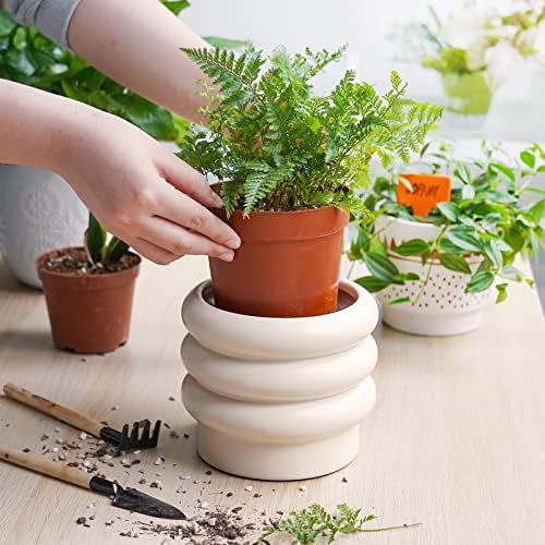 Ceramic Plant Pot, 6 Inch White Ceramic Planter with Drainage Holes - Image 4
