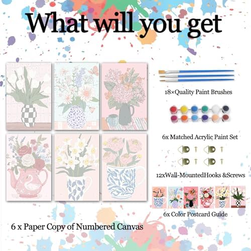 Tucocoo Flowers in Vase 6 Pack DIY Paint by Numbers Kits for Adults Simple Flower Oil Painting Acrylic Paint Number Painting Kits on 8x12 Inch Canvas Without Frame Floral Home Wall Decor - Image 2