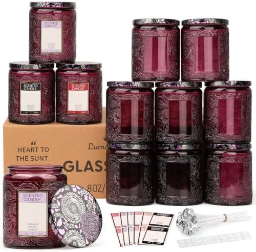 LumaCraft Luxury Embossed Glass Candle Jars for Making Candles - 12 Pack Empty Candle Containers with Lids, 20 Wicks & 20 Stickers, Colored Glass Jars for Gifts & Decor by Unknown