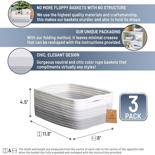 NaturalCozy 11.8"x8"x4.5” Rectangle Storage Baskets for Shelves 3 Pack | Cotton Rope Woven Small Baskets for Organizing | Small Storage Bins for Nursery, Bathroom, Closet, Shelf, Decorative, Gift - Image 2