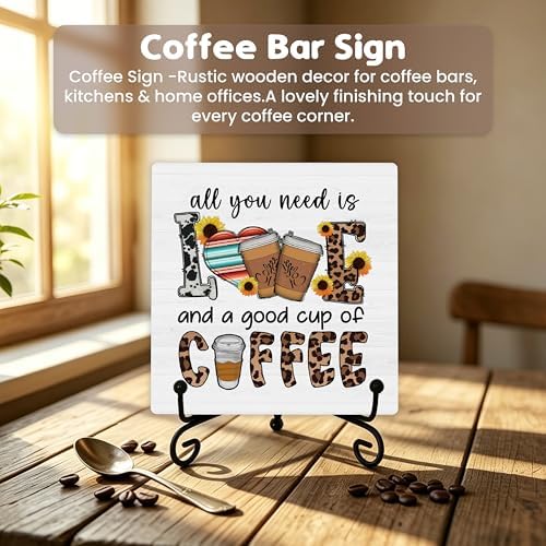 Coffee Bar Sign, All You Need Is Love and a Good Cup Quote Sign, 5x5 Wood Plaque with Iron Stand, Kitchen Cafe Tabletop Decor – A06 - Image 4