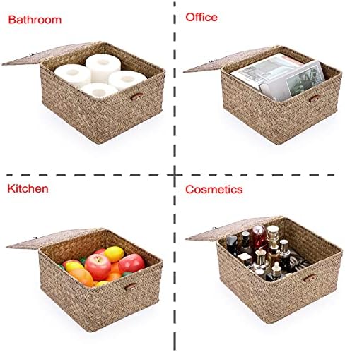 Hipiwe Seagrass Wicker Storage Basket with Lid, Coffee Large 10.6x10.6x5.8" - Image 7