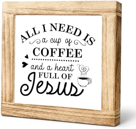 Christian Coffee Wood Sign, Cup Of Coffee And Heart Full Of Jesus Plaque, Faith Kitchen Counter Decor, Rustic Farmhouse Shelf Accent For Coffees Bar Prayer Room Gift, 5.9 x 5.9 in by Unknown